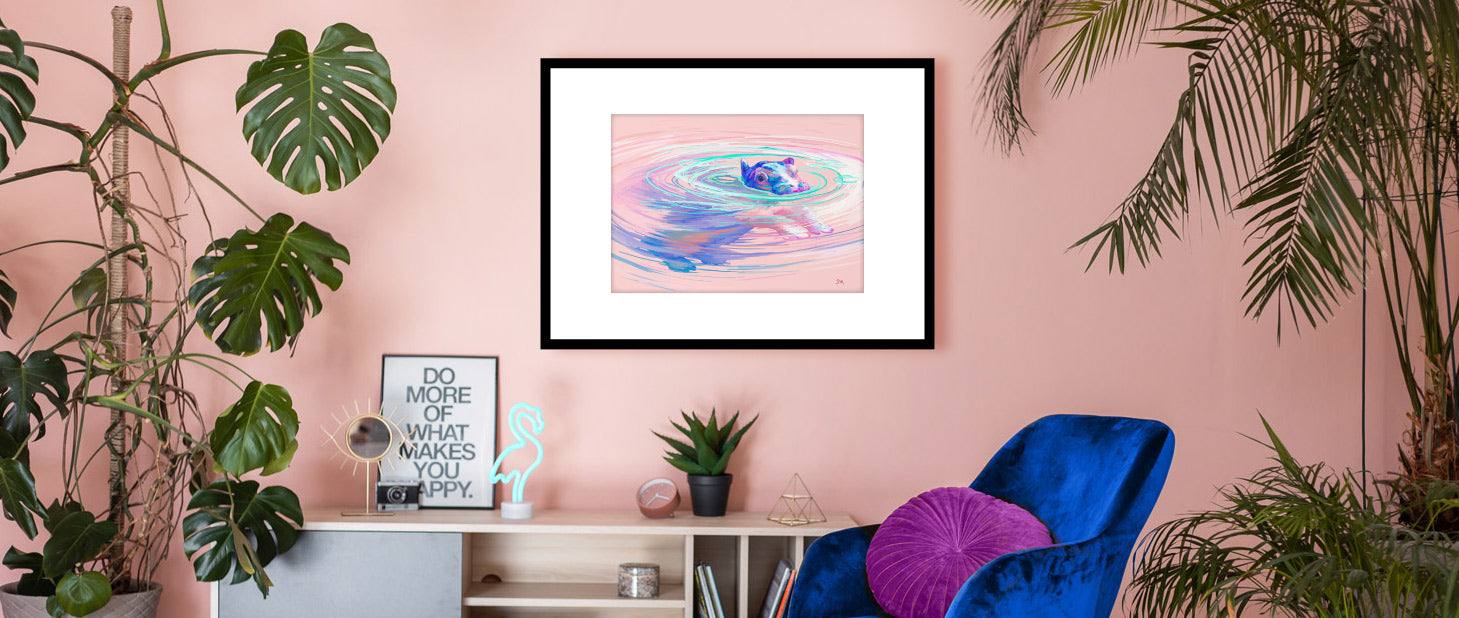 Pink room with hippo art print