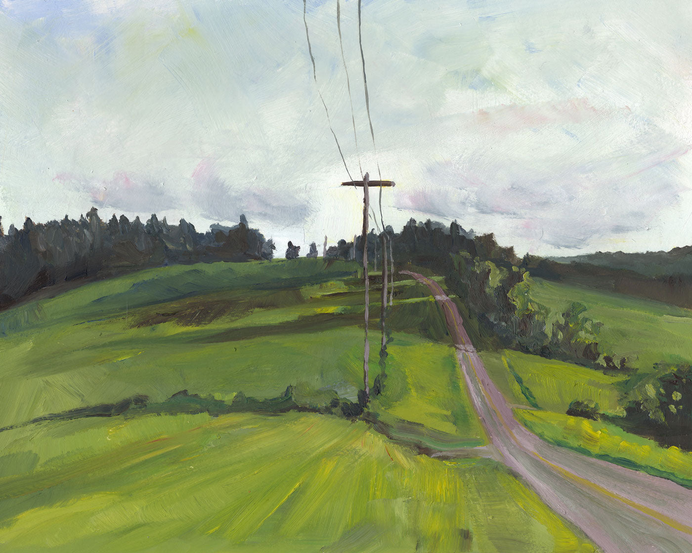 An impressionistic landscape painting of a rural scene with rolling green fields, a country road, a wooden utility pole, and a cloudy pale sky.