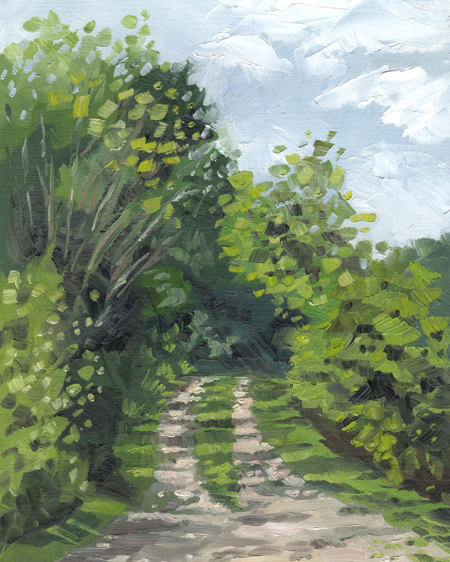 Impressionistic oil painting of a sunlit path winding through dense green foliage under a pale blue sky with white clouds.